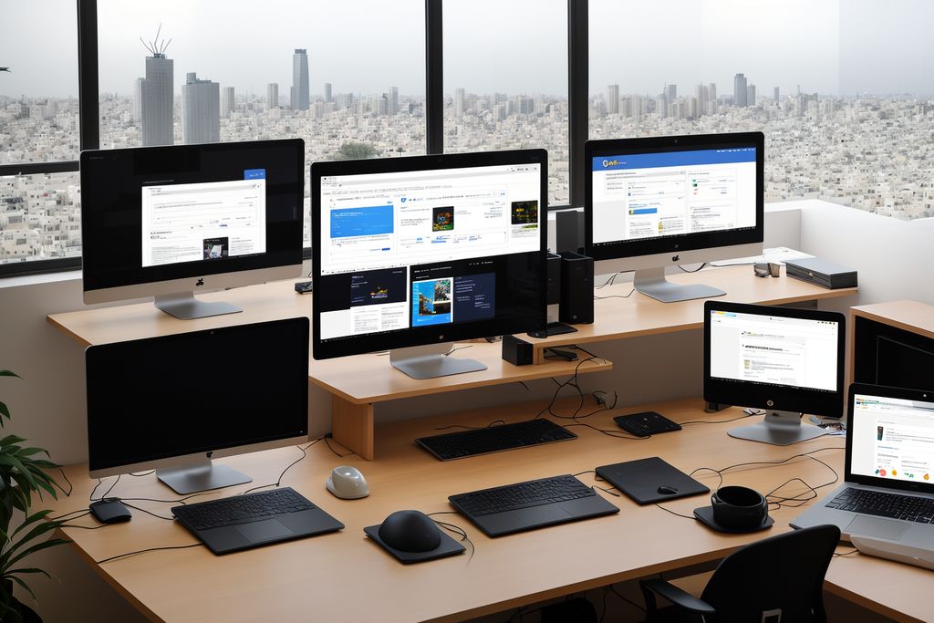 המון מסכים מונחים על שולחן עבודה